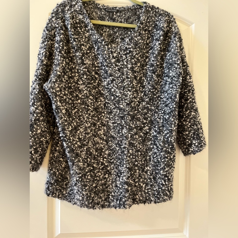 Eileen Fisher Black and White V - Neck Sweater. Wool/Moher. Boucle. Soft.